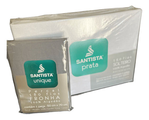 Kit - Lençol Elástico Solteiro Branco e 1 Fronha Cinza Santista 180 Fios 100%algodao