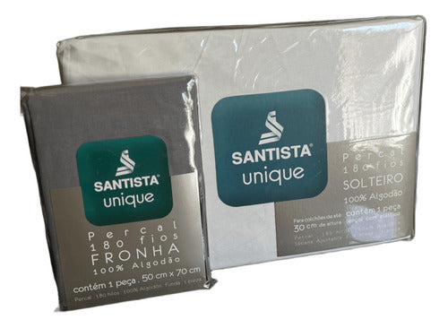 Kit - Lençol Elástico Solteiro Branco e 1 Fronha Cinza Santista 180 Fios 100%algodao