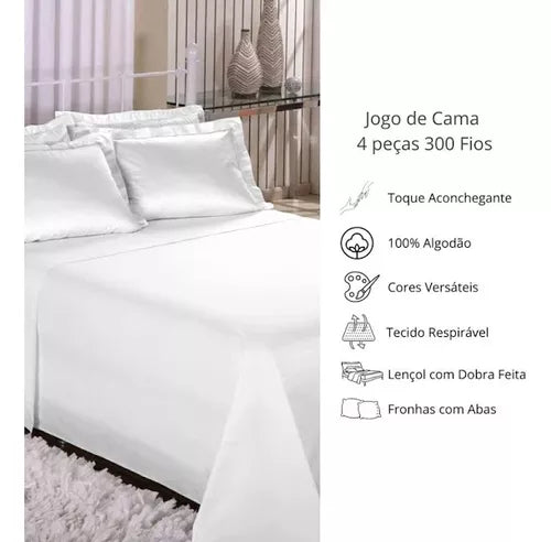 Jogo De Cama Queen Percal 300 Fios Branco 100%aLG Tresor Estamparia