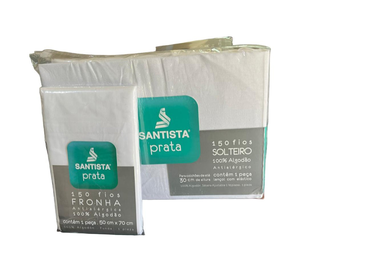 Kit 1 Lençol Avulso Solteiro E 1 Fronha Branca Santista Prata 150 Fios cor Branco