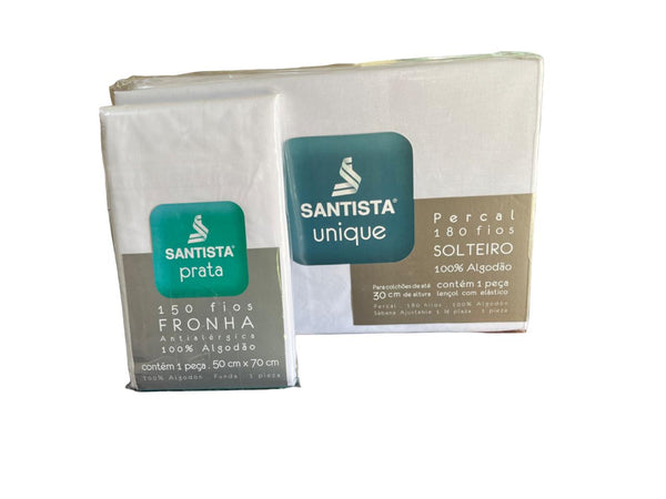 Kit 1 lençol solteiro com elastico 180 fios e 1 fronha 150 fios Santista Branco