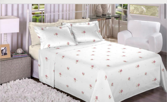 Jogo De Cama King Percal 300 Fios Bege/rosa Treor Estamparia 100%algodao.