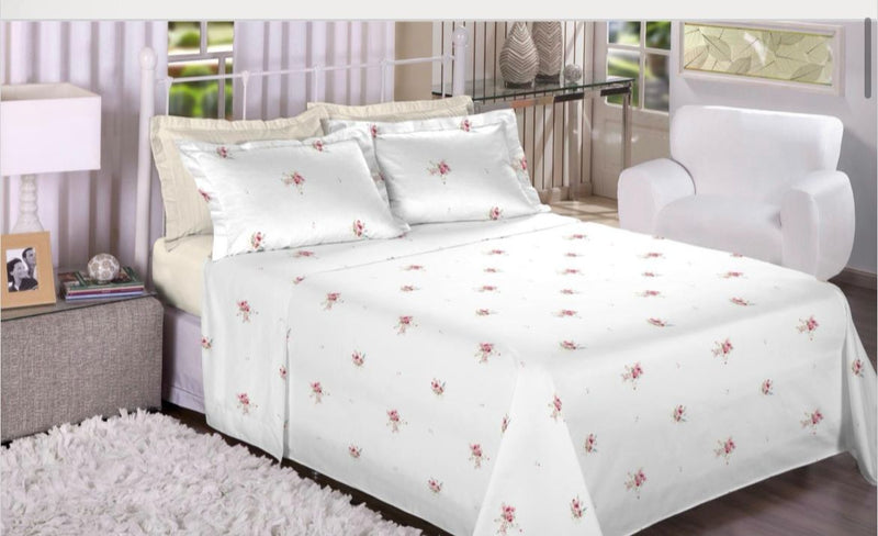 Jogo De Cama King Percal 300 Fios Bege/rosa Treor Estamparia 100%algodao.