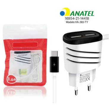 Carregador Turbo de Celular Ultra Rápido 3.6A com 2 Portas USB – V8 ou Tipo C
