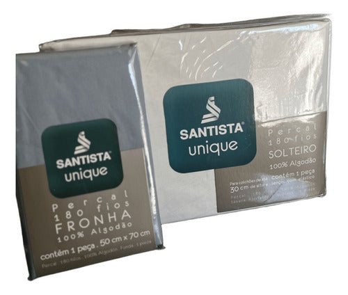 Kit 1 Lençol Avulso Solteiro com Elástico Prata Santista 150 fios e 1 Fronha Azul Unique Santista 180 Fios