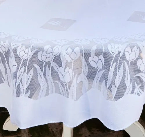 Toalha De Mesa Redonda 4 Lugares Em Renda Tulipa 1,60m Branca