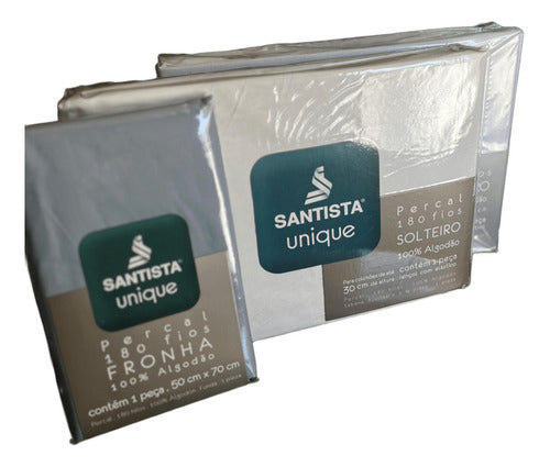 Kit 1 Lençol Avulso Solteiro com Elástico Prata Santista 150 fios e 1 Fronha Azul Unique Santista 180 Fios