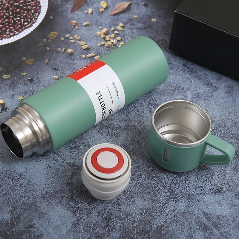 🔍Kit Garrafa Térmica Inox 500ml Com 3 Xícaras Camping Viagem Café