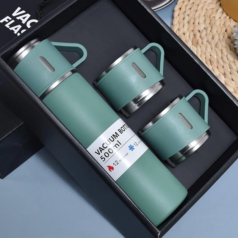 🔍Kit Garrafa Térmica Inox 500ml Com 3 Xícaras Camping Viagem Café