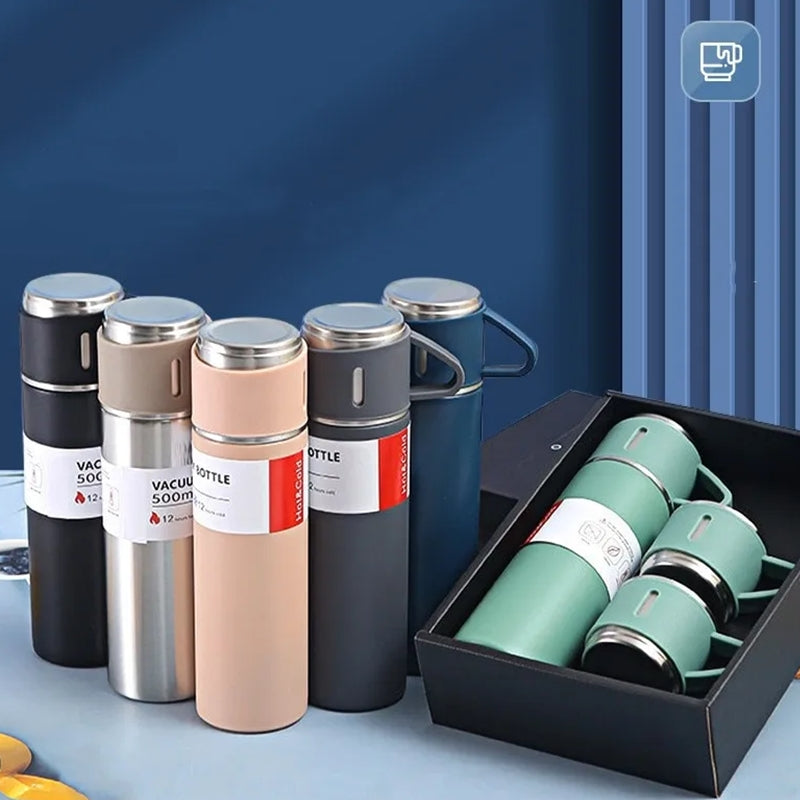 🔍Kit Garrafa Térmica Inox 500ml Com 3 Xícaras Camping Viagem Café
