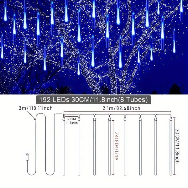  Luz de Chuva de Meteoros USB 8 Tubos com 192 LEDs para Ao de Graas Natal Halloween Casamento Decorao de rvore de Natal